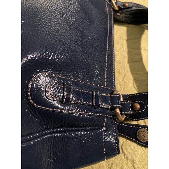 Perlina New York Navy Blue Faux Leather Shoulder Bag With Leopard Print Lining & - Picture 10 of 16